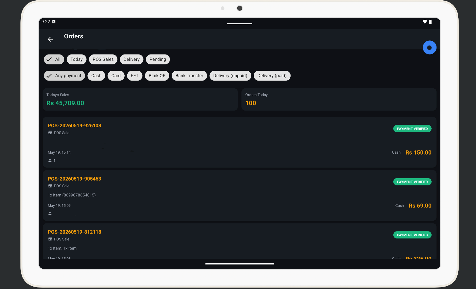 POS orders & sales